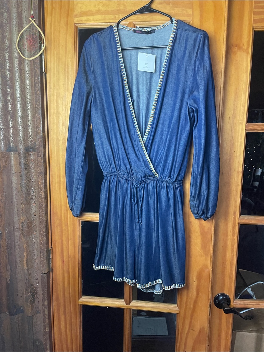 ROMPER ALERT Fraiche by J by J Blue V-Neck Long Sleeve Wrap Romper, Size S